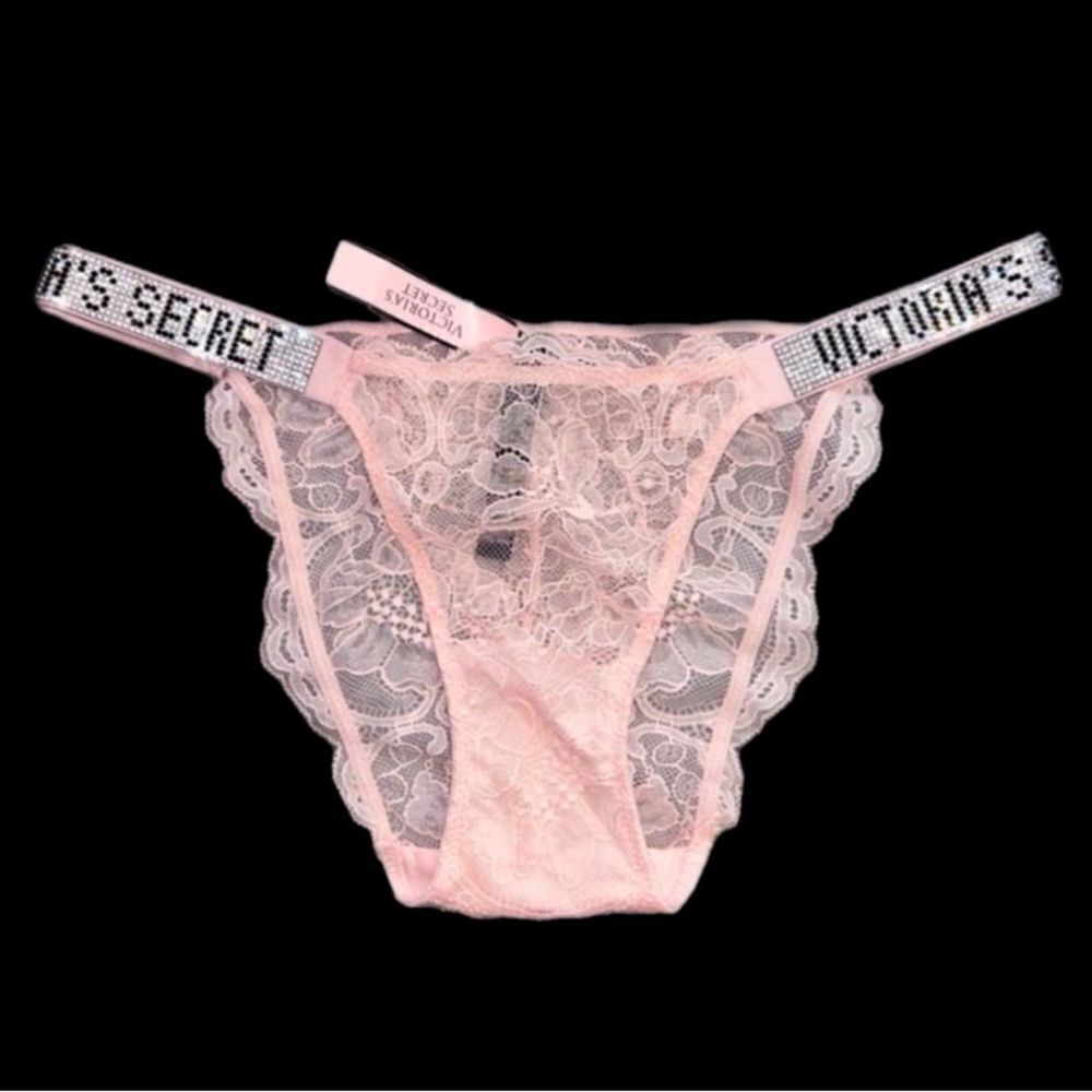 Victoria's Secret Crystals Rhinestone Bling Shine Strap Bikini Lace Panty Pink